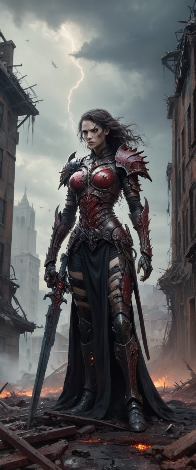 In this captivating artwork, close up shot of a Metal Maiden adorned in Chaos Warrior of Khorne armor dominates a ruined post-apocalyptic cityscape. The great sword in hand gleams with ultra-detailed intricacies, reflecting a twisted blend of sci-fi, fantasy, and horror elements. The ground is strewn with skulls and blood, emphasizing the grim aftermath. A tornado swirls ominously in the background, adding an apocalyptic touch, while ethereal and disturbing surrealism intensify the atmosphere. The deserted city is juxtaposed with empty chairs, tangled roots, and a mysterious key. Warped and mangled elements contribute to the surreal nature of the scene, with oil on canvas and dry brush techniques enhancing the overall texture. The play of isolation, glaze, reflected light, and glass elements elevates the visual impact, creating a haunting masterpiece that encapsulates a fusion of genres and emotions.
, 