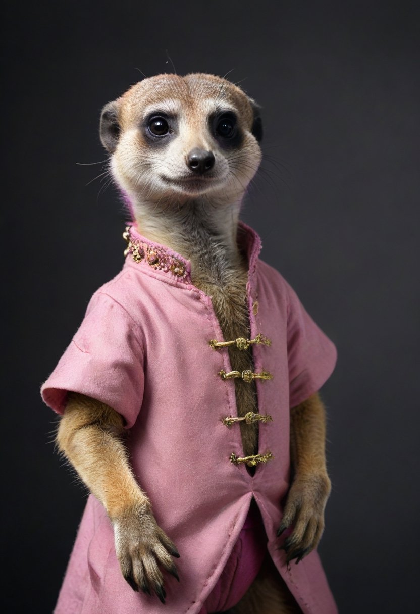 a meerkat wearing a pink renaissance outfit, dark grey background
