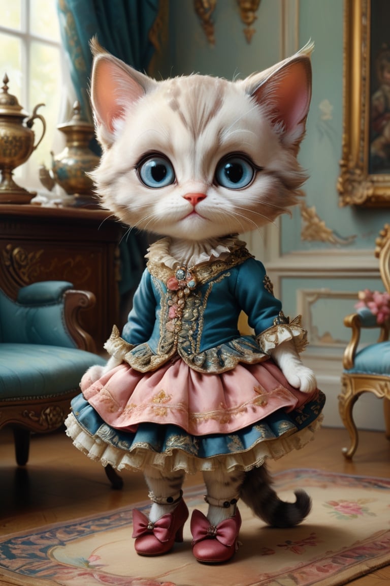 Rich deep colors, hyperrealism, cuteness overload, fairytale, 18th century masterpiece, chibi. Mary Blair, Jean-Baptiste Monge, Mark Ryden, Fragonard.

Portrait adorable kitten wearing glass slippers and fancy outfit. Soft furry paws, detailed expressive eyes, palace interior, ornate, richly decorated.
