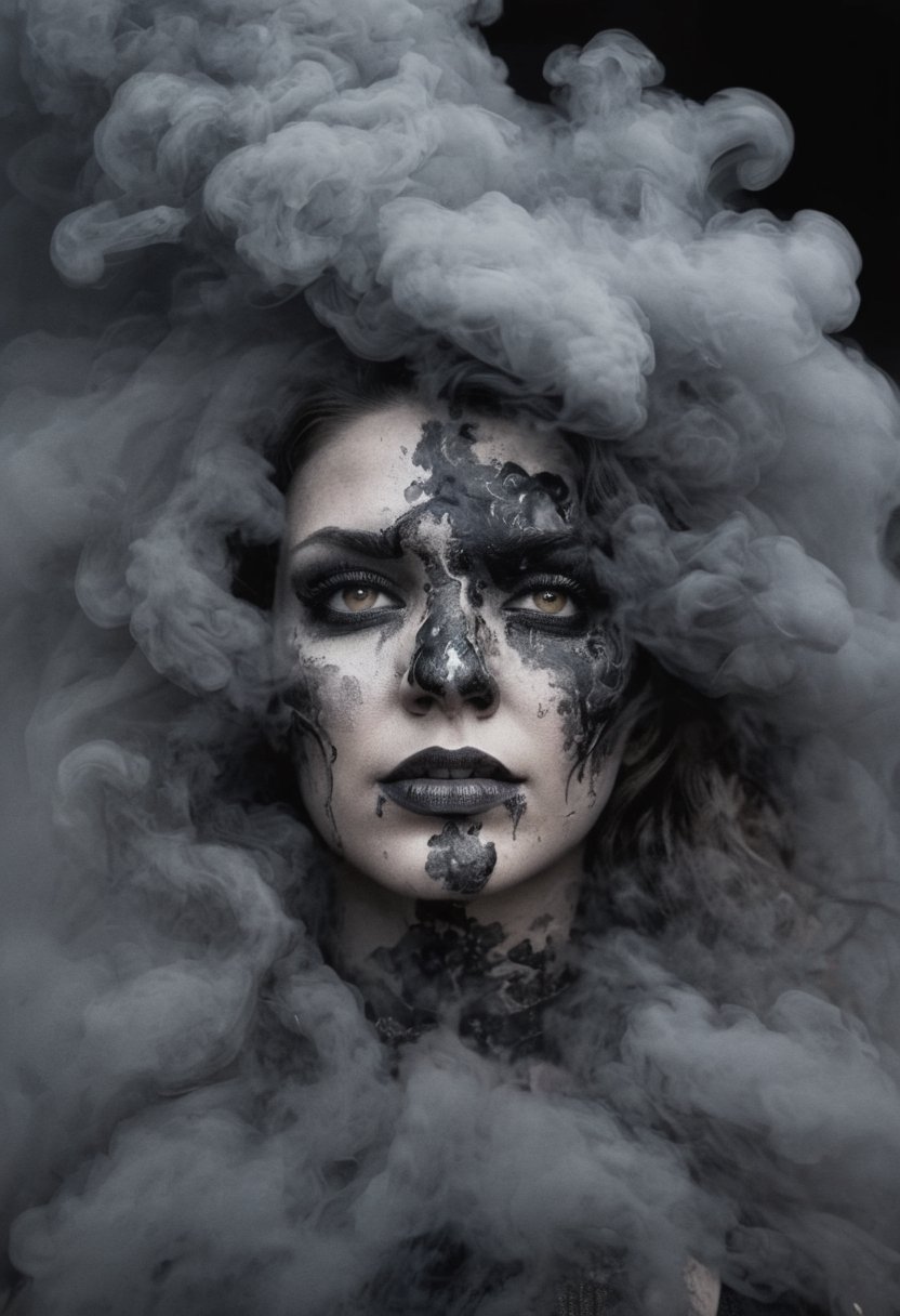 Double-masking photography, an angry goddess formed from the smoke of a 2005 dodge ram slt cummins pickup truck, goddess Earth crying, from the smoke exits a 2005 dodge ram slt cummins pickup truck , black smoke, fire, acid rain, by Dan Mountford, by Dan Hillier, negative space, intricate details, photo illustration, 100 mm lens, cinematic scenes, ink art, blink-and-you-miss-it detail, DOUBLE EXPOSURE STYLE