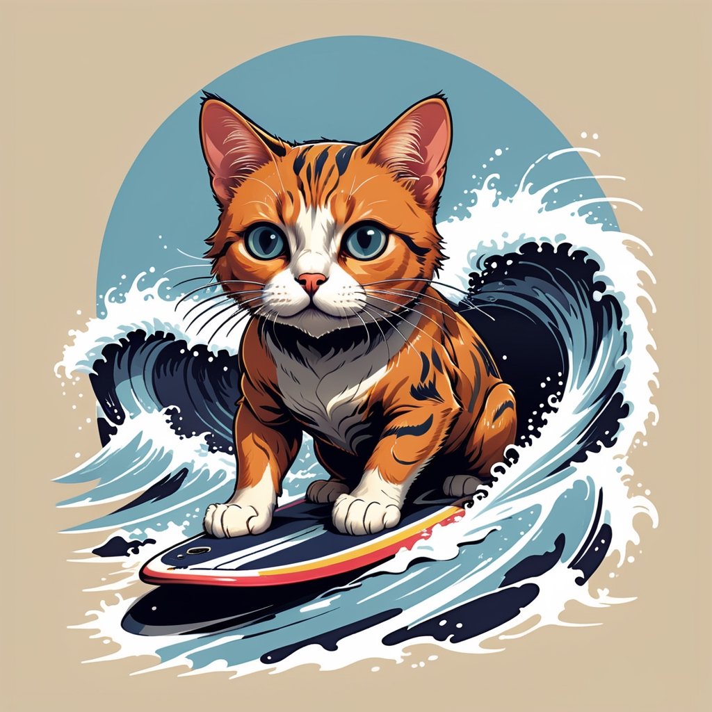 Excellence masterpice T-shirt design illustration of of an cat surffing, sharper, clean lines, outline, muted colors, minimum details, minimal detalled,tshirt design