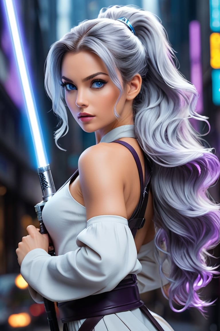 (((very high definition anime art))) In this stunning depiction, capturing the intensity of an (((magnificent 30yo european woman))) (((((long wavy ponytail silver hair with blue highlights)))))(((purple eyes))), (((wears a jedi master outfit))) in a pose where she holds her purple blade's lightsaber in both hands, facing her, ready to face her enemies ((behind her a Futuristic city)), she exudes a fierce and formidable presence. This high-quality image, rendered in 8K Ultra HD, immerses viewers in the intricate details of the scene. Whether it is a digitally enhanced photograph or an intricately painted masterpiece, this visually striking portrayal showcases jedi woman in all his powerful glory.  science fiction, star wars, purple blade's light saber, active posture