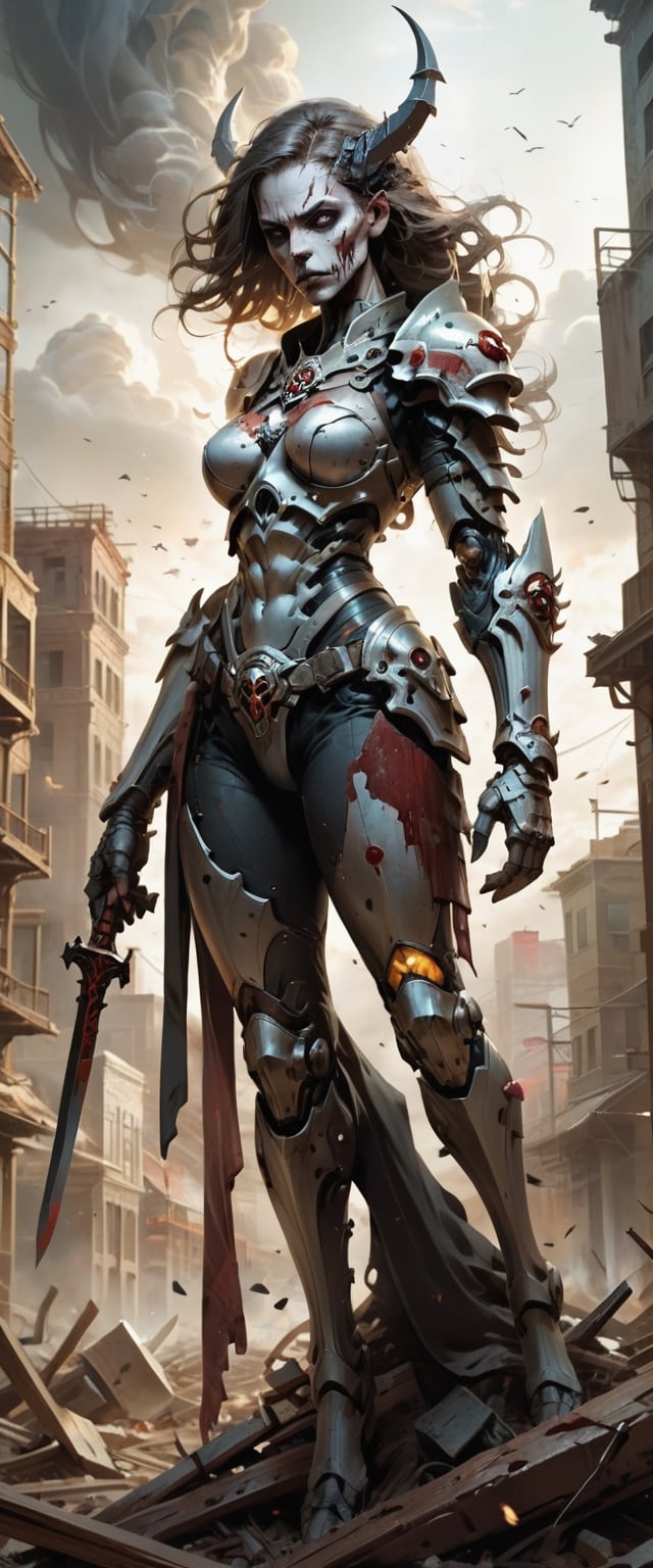 In this captivating artwork, close up shot of a Metal Maiden adorned in Chaos Warrior of Khorne armor dominates a ruined post-apocalyptic cityscape. The great sword in hand gleams with ultra-detailed intricacies, reflecting a twisted blend of sci-fi, fantasy, and horror elements. The ground is strewn with skulls and blood, emphasizing the grim aftermath. A tornado swirls ominously in the background, adding an apocalyptic touch, while ethereal and disturbing surrealism intensify the atmosphere. The deserted city is juxtaposed with empty chairs, tangled roots, and a mysterious key. Warped and mangled elements contribute to the surreal nature of the scene, with oil on canvas and dry brush techniques enhancing the overall texture. The play of isolation, glaze, reflected light, and glass elements elevates the visual impact, creating a haunting masterpiece that encapsulates a fusion of genres and emotions.
, 