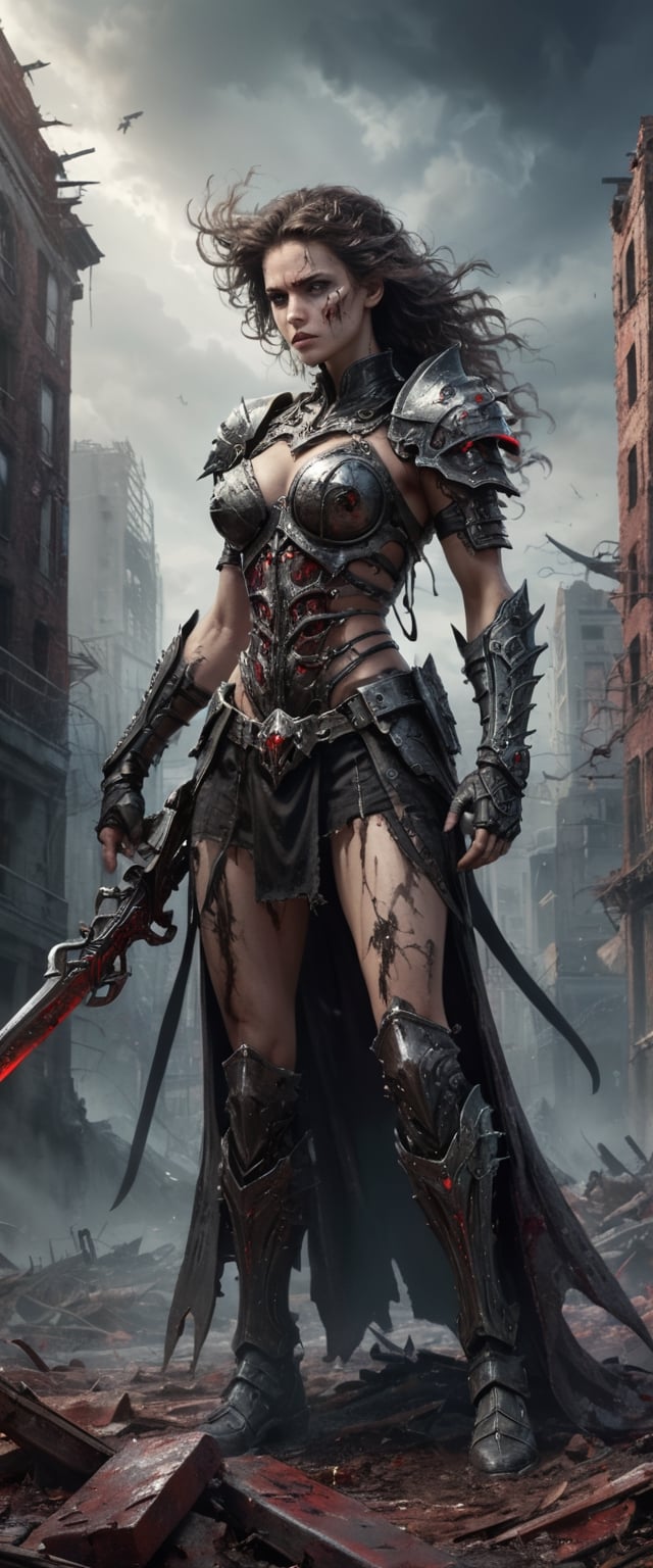 In this captivating artwork, close up shot of a Metal Maiden adorned in Chaos Warrior of Khorne armor dominates a ruined post-apocalyptic cityscape. The great sword in hand gleams with ultra-detailed intricacies, reflecting a twisted blend of sci-fi, fantasy, and horror elements. The ground is strewn with skulls and blood, emphasizing the grim aftermath. A tornado swirls ominously in the background, adding an apocalyptic touch, while ethereal and disturbing surrealism intensify the atmosphere. The deserted city is juxtaposed with empty chairs, tangled roots, and a mysterious key. Warped and mangled elements contribute to the surreal nature of the scene, with oil on canvas and dry brush techniques enhancing the overall texture. The play of isolation, glaze, reflected light, and glass elements elevates the visual impact, creating a haunting masterpiece that encapsulates a fusion of genres and emotions.
, 