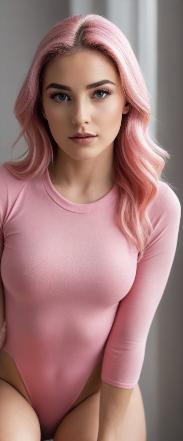 extremly close-up photo of a beautiful woman, at home, advertisement, wearing pink body suit, cotton, comfortable, slicked-pink long hair, tie and die hairstyle, athletic, crouching down, trendy womens apparel brand, legs, back, minimalism, alternative style, Scene from a modern commercial, scene from a modern romantic movie


