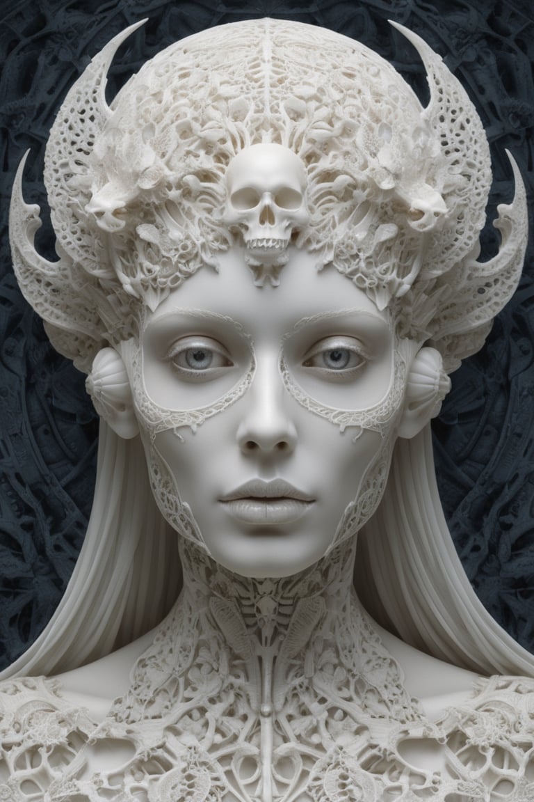 detailed realistic beautiful porcelain skull goddess portrait by jean delville, gustave dore, iris van herpen and marco mazzoni, art forms of nature by ernst haeckel, art nouveau, symbolist, visionary, gothic, neo - gothic, pre - raphaelite, fractal lace, intricate alien botanicals, ai biodiversity, surreality, hyperdetailed ultrasharp octane render