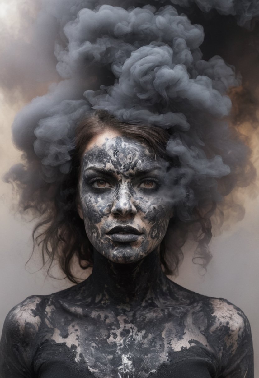 Double-masking photography, an angry goddess formed from the smoke of a 2005 dodge ram slt cummins pickup truck, goddess Earth crying, from the smoke exits a 2005 dodge ram slt cummins pickup truck , black smoke, fire, acid rain, by Dan Mountford, by Dan Hillier, negative space, intricate details, photo illustration, 100 mm lens, cinematic scenes, ink art, blink-and-you-miss-it detail