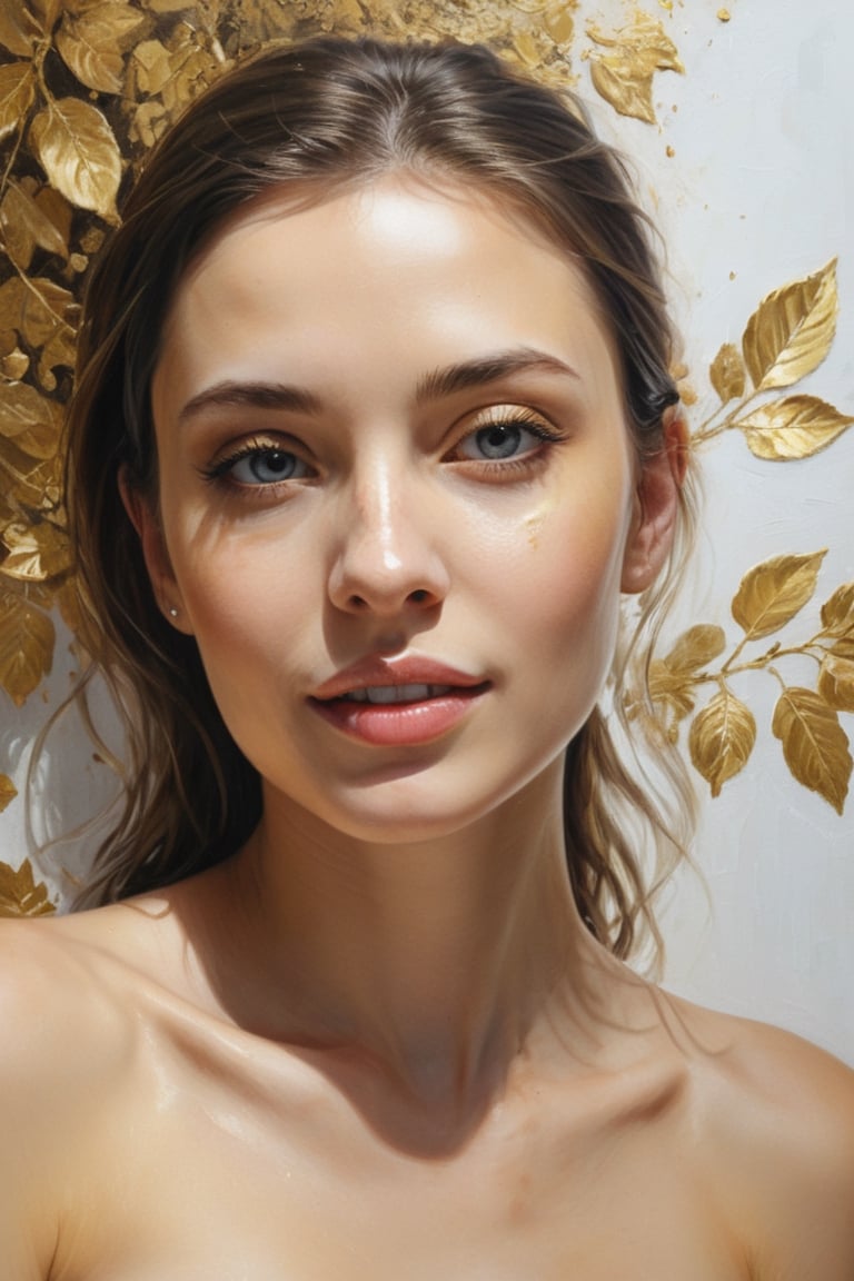 high contrast portrait of a model with shadow in her face, with a totally white background, gold oil painting background, plants, , shine bright like a diamond, carving art, very high details, high quality , emotionally evocative, expansive strokes, atmospheric, dynamic, dramatic, best quality, best resolution Test, by alex1shved, highly realistic, ruddy skin, beautiful, full lips, smiling, feeling of lightness and joy, hyperrealism, skin very elaborated, direct gaze, by alex1shved