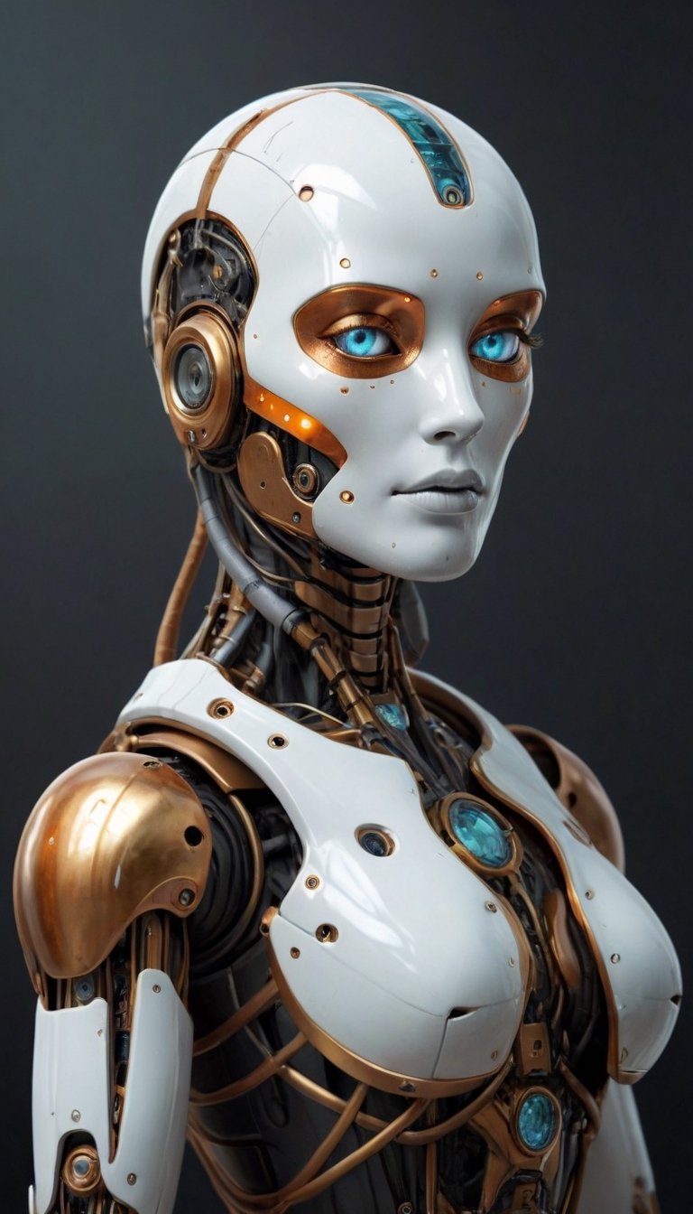 scifi fantasy illustration beautiful robot, in the style of realistic hyper-detailed portraits, dark white and orange, classicist portraiture, dark gold and aquamarine, realist detail, hard edge, technological marvels