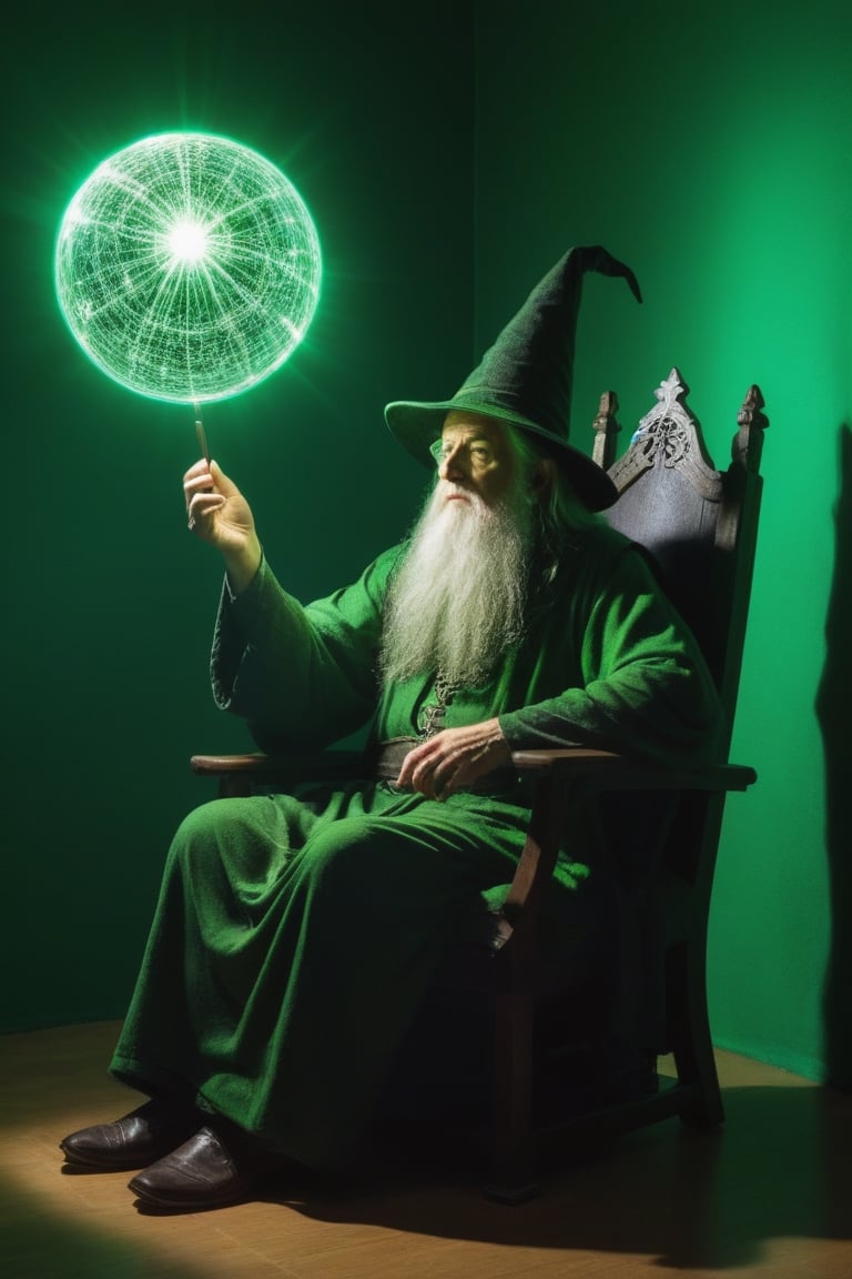 A wizard pondering their orb, slouching back in their chair, bright green light enveloping the room