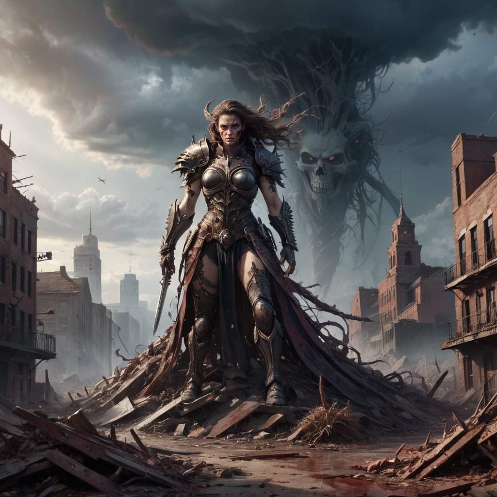 In this captivating artwork, a Metal Maiden adorned in Chaos Warrior of Khorne armor dominates a ruined post-apocalyptic cityscape. The great sword in hand gleams with ultra-detailed intricacies, reflecting a twisted blend of sci-fi, fantasy, and horror elements. The ground is strewn with skulls and blood, emphasizing the grim aftermath. A tornado swirls ominously in the background, adding an apocalyptic touch, while ethereal and disturbing surrealism intensify the atmosphere. The deserted city is juxtaposed with empty chairs, tangled roots, and a mysterious key. Warped and mangled elements contribute to the surreal nature of the scene, with oil on canvas and dry brush techniques enhancing the overall texture. The play of isolation, glaze, reflected light, and glass elements elevates the visual impact, creating a haunting masterpiece that encapsulates a fusion of genres and emotions.
, 