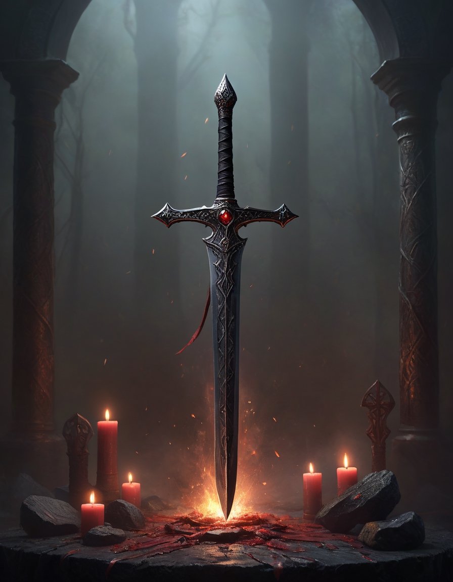 ethereal fantasy concept art of  a black sword with dark runes surrounded by shadows rests on a blood-stained sacrificial altar . magnificent, celestial, ethereal, painterly, epic, majestic, magical, fantasy art, cover art, dreamy