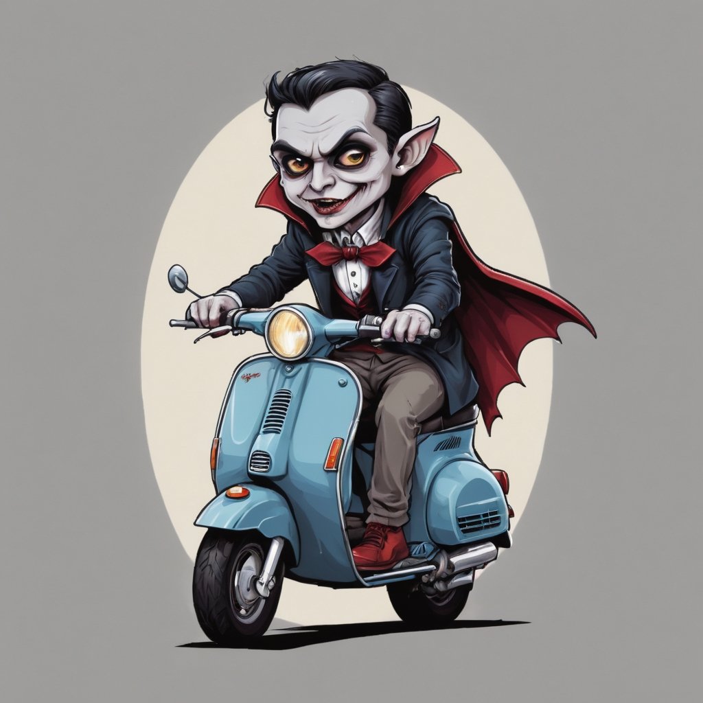Excellence masterpice T-shirt design illustration of of a cute vampire on a vespa, sharper, clean lines, outline, muted colors, tshirt design