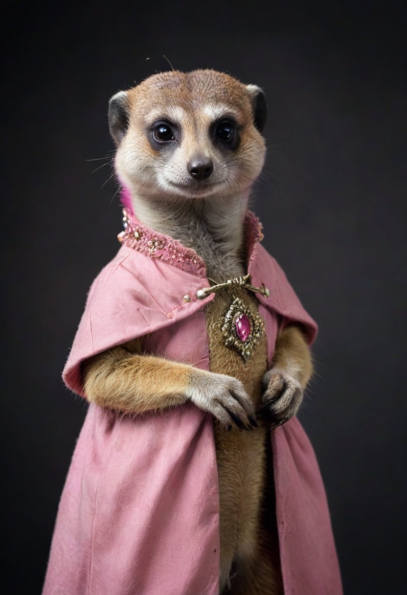 a meerkat wearing a pink renaissance outfit, dark grey background
