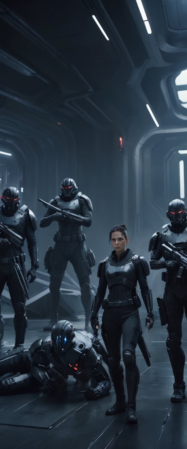 Cinematic scene, a group of rebels, dressed in black and wielding futuristic weapons, fighting against a powerful corporation or government agency, detailed background, masterpiece, best quality, high quality, highres, absurdres, cyberpunk 