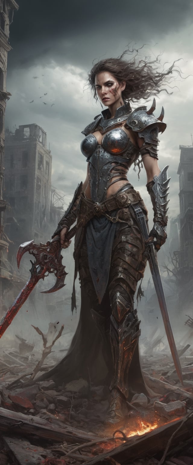 In this captivating artwork, close up shot of a Metal Maiden adorned in Chaos Warrior of Khorne armor dominates a ruined post-apocalyptic cityscape. The great sword in hand gleams with ultra-detailed intricacies, reflecting a twisted blend of sci-fi, fantasy, and horror elements. The ground is strewn with skulls and blood, emphasizing the grim aftermath. A tornado swirls ominously in the background, adding an apocalyptic touch, while ethereal and disturbing surrealism intensify the atmosphere. The deserted city is juxtaposed with empty chairs, tangled roots, and a mysterious key. Warped and mangled elements contribute to the surreal nature of the scene, with oil on canvas and dry brush techniques enhancing the overall texture. The play of isolation, glaze, reflected light, and glass elements elevates the visual impact, creating a haunting masterpiece that encapsulates a fusion of genres and emotions.
, 