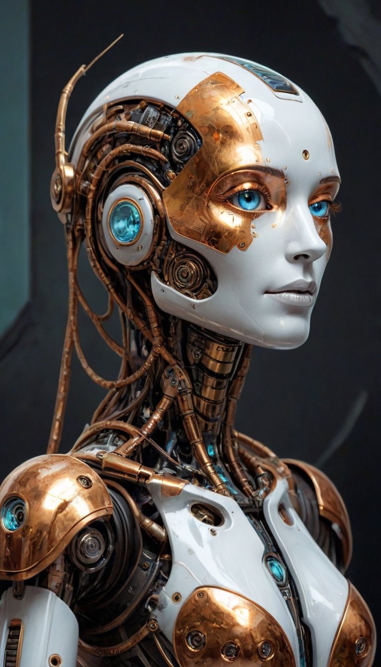 scifi fantasy illustration beautiful robot, in the style of realistic hyper-detailed portraits, dark white and orange, classicist portraiture, dark gold and aquamarine, realist detail, hard edge, technological marvels