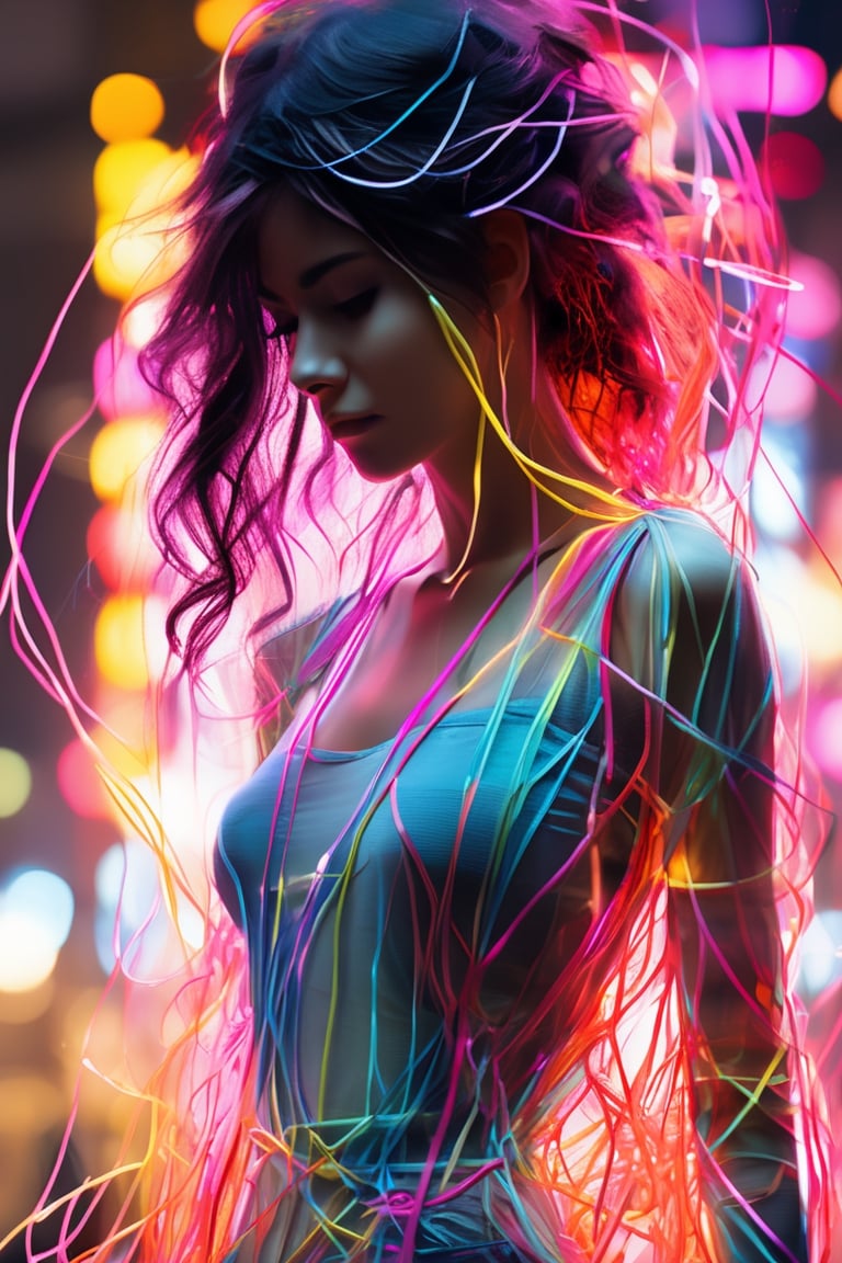 ((Ultra Long Exposure Photography)) high quality, highly detailed, Colorful beautiful woman silhouette made of millions of ultra bright neon strings, beautiful silhouette, by yukisakura, high detailed,