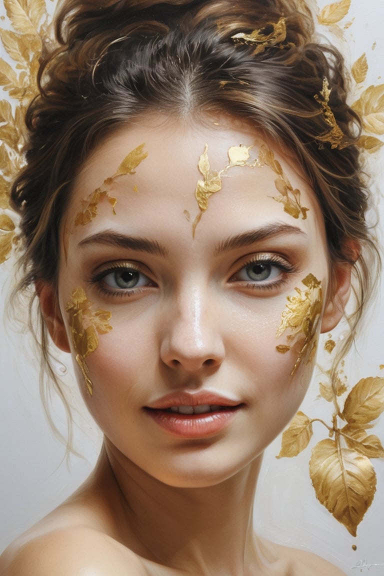 high contrast portrait of a model with shadow in her face, with a totally white background, gold oil painting background, plants, , shine bright like a diamond, carving art, very high details, high quality , emotionally evocative, expansive strokes, atmospheric, dynamic, dramatic, best quality, best resolution Test, by alex1shved, highly realistic, ruddy skin, beautiful, full lips, smiling, feeling of lightness and joy, hyperrealism, skin very elaborated, direct gaze, by alex1shved