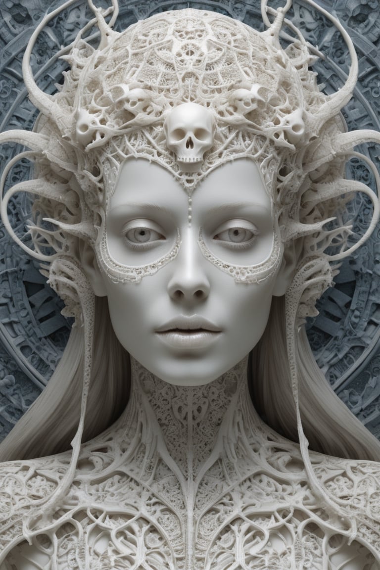 detailed realistic beautiful porcelain skull goddess portrait by jean delville, gustave dore, iris van herpen and marco mazzoni, art forms of nature by ernst haeckel, art nouveau, symbolist, visionary, gothic, neo - gothic, pre - raphaelite, fractal lace, intricate alien botanicals, ai biodiversity, surreality, hyperdetailed ultrasharp octane render