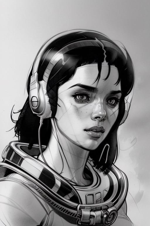 a pencil sketch of a woman wearing a helmet and headphones,  looking at camera,portrait face and shoulders, by Ross Tran, alita, detailed astronaut,  craig mullins alphonse mucha, martin ansin, pilot girl, 8k comic art, (monocrome:1.5)