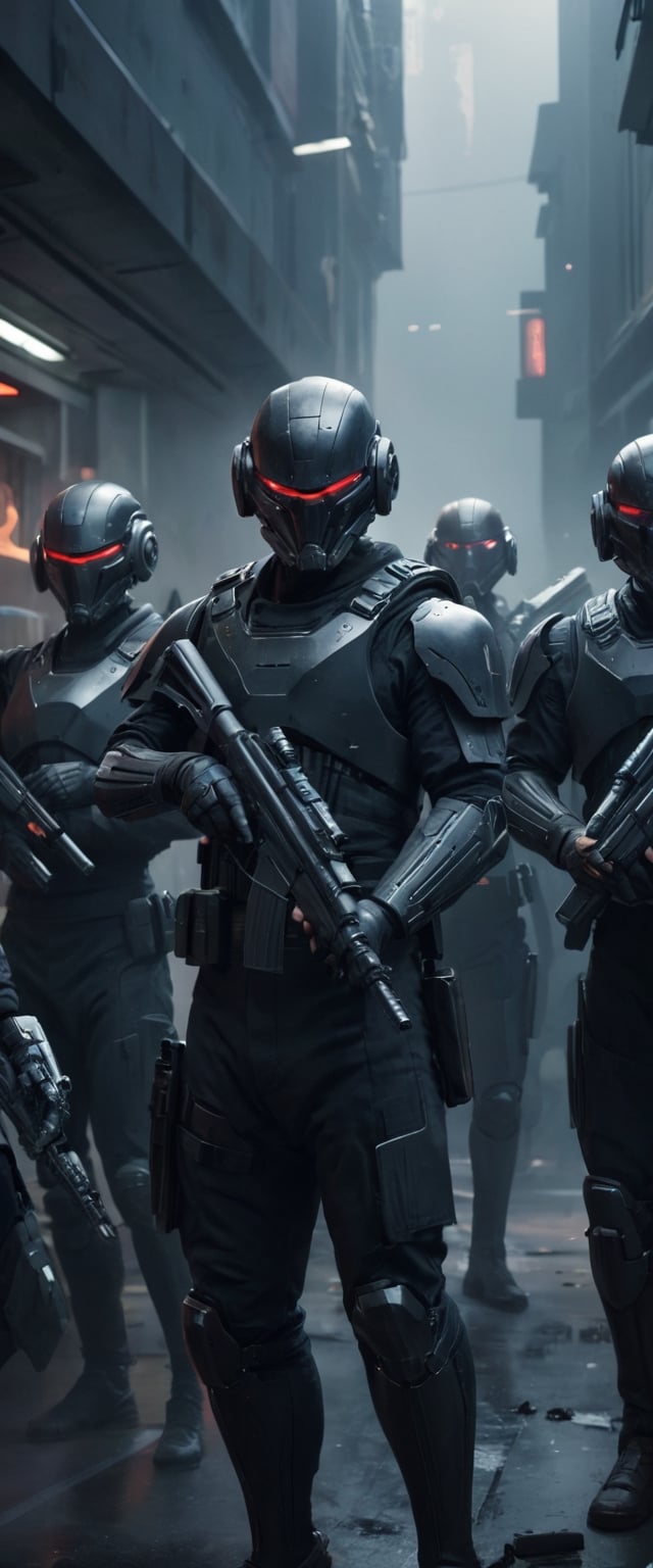 Cinematic scene, a group of rebels, dressed in black and wielding futuristic weapons, fighting against a powerful corporation or government agency, detailed background, masterpiece, best quality, high quality, highres, absurdres, cyberpunk 