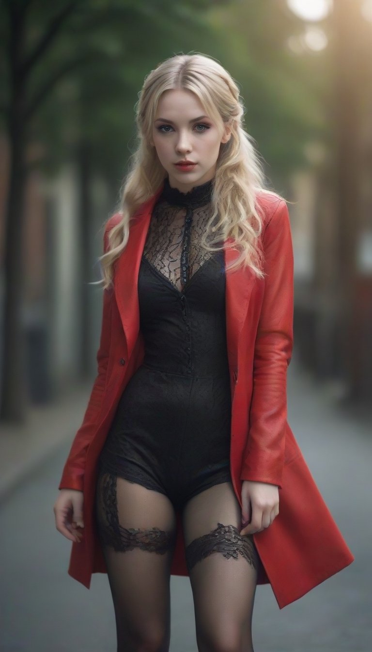 cinematic photo aestetic 30 year old pale woman, blonde with pigtails, tight black lace jumpsuit, long red vinyl coat, perfect legs, dynamic pose, dynamic shot, (natural skin texture, hyperrealism, soft light, sharp), Cannon EOS 5D Mark III, 35mm photograph, film, bokeh, professional, 4k, highly detailed