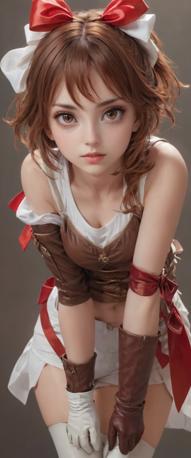 (photorealistic:1.4), (masterpiece, sidelighting, finely detailed beautiful eyes: 1.2), masterpiece*portrait, realistic, 3d face, lustrous skin, solo, 
1girl, amber \(genshin impact\), brown eyes, brown hair, long hair, red hair ribbon, brown short shorts, leather gloves, pouch, thighhighs, white boots, medium breasts,
 