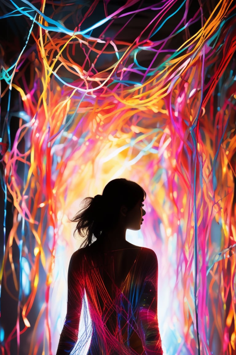 ((Ultra Long Exposure Photography)) high quality, highly detailed, Colorful beautiful woman silhouette made of millions of ultra bright neon strings, beautiful silhouette, by yukisakura, high detailed,