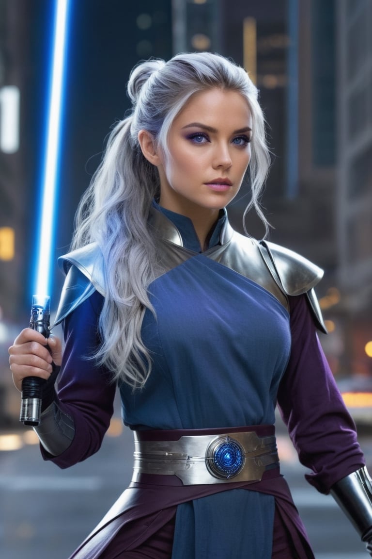 (((very high definition anime art))) In this stunning depiction, capturing the intensity of an (((magnificent 30yo european woman))) (((((long wavy ponytail silver hair with blue highlights)))))(((purple eyes))), (((wears a jedi master outfit))) in a pose where she holds her purple blade's lightsaber in both hands, facing her, ready to face her enemies ((behind her a Futuristic city)), she exudes a fierce and formidable presence. This high-quality image, rendered in 8K Ultra HD, immerses viewers in the intricate details of the scene. Whether it is a digitally enhanced photograph or an intricately painted masterpiece, this visually striking portrayal showcases jedi woman in all his powerful glory.  science fiction, star wars, purple blade's light saber, active posture