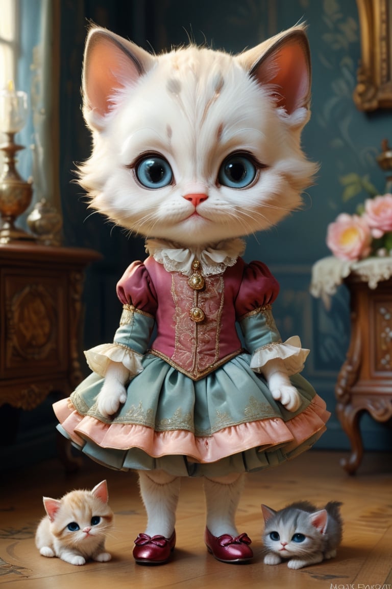 Rich deep colors, hyperrealism, cuteness overload, fairytale, 18th century masterpiece, chibi. Mary Blair, Jean-Baptiste Monge, Mark Ryden, Fragonard.

Portrait adorable kitten wearing glass slippers and fancy outfit. Soft furry paws, detailed expressive eyes, palace interior, ornate, richly decorated.
