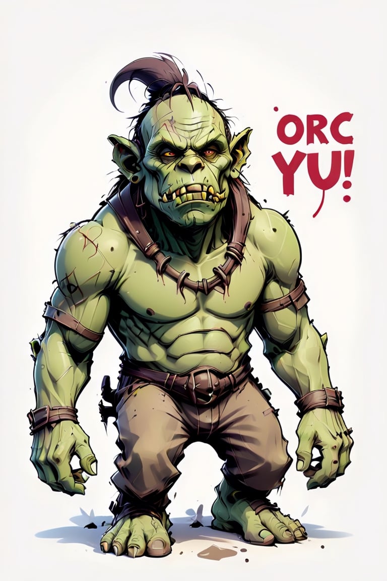 ferouceus orc, Sketch style, playful style, bones, out of the box, outline,T-shirt design illustration, white background,  with text "u're an orc (but I love Yu)"