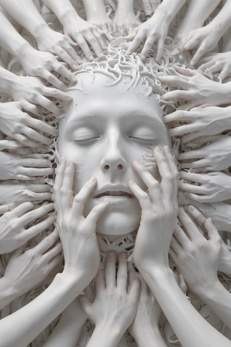 (masterpiece, best quality, high resolution), white hands emerging from a singularity, sleeping white face, many hands, vortex, intricate detail, 8k, hdr