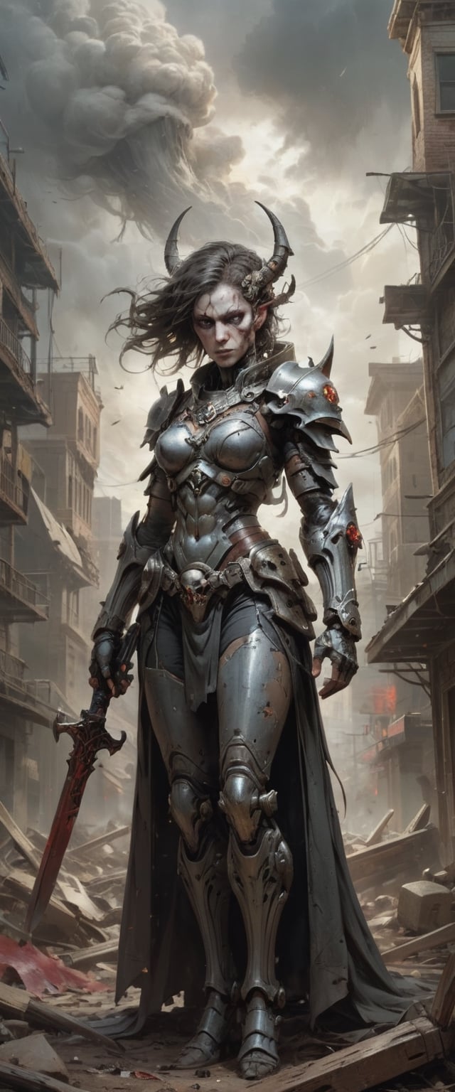 In this captivating artwork, close up shot of a Metal Maiden adorned in Chaos Warrior of Khorne armor dominates a ruined post-apocalyptic cityscape. The great sword in hand gleams with ultra-detailed intricacies, reflecting a twisted blend of sci-fi, fantasy, and horror elements. The ground is strewn with skulls and blood, emphasizing the grim aftermath. A tornado swirls ominously in the background, adding an apocalyptic touch, while ethereal and disturbing surrealism intensify the atmosphere. The deserted city is juxtaposed with empty chairs, tangled roots, and a mysterious key. Warped and mangled elements contribute to the surreal nature of the scene, with oil on canvas and dry brush techniques enhancing the overall texture. The play of isolation, glaze, reflected light, and glass elements elevates the visual impact, creating a haunting masterpiece that encapsulates a fusion of genres and emotions.
, 