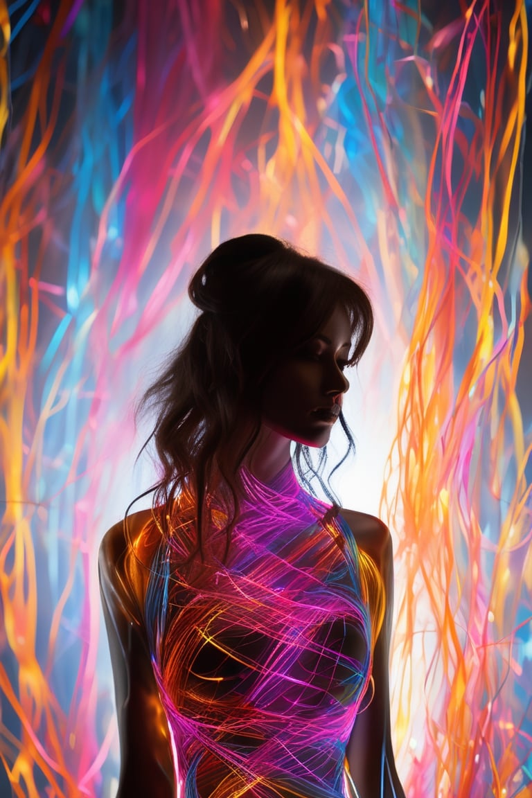 ((Ultra Long Exposure Photography)) high quality, highly detailed, Colorful beautiful woman silhouette made of millions of ultra bright neon strings, beautiful silhouette, by yukisakura, high detailed,