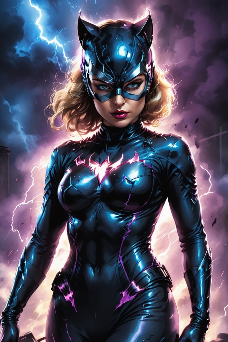 4K UHD illustration,  upscaled professional drawing HDR,  from DC comics in dynamic pose, full body image (:1.8) stunningly beautiful woman, intense blue eyes,  eyebrows tanned skin tone, detailed catwoman mask, gloss black form fitting full length bodysuit,  full lips, lips parted looking-into-camera, glowing lightning in background, swirling smoke eminating from fingertips, abandoned dojo background, detailed night time, thunderstorm atmosphere, glowing blue eyes emitting eeire spectral glow, purple lightning thunderstorm in background, 300dpi, masterpiece style, painting style, stroke style in a dark background,watercolor, charcoal, pen & Ink, tshirt design style, aesthetic for Tshirt design, darktone,TSHIRT DESIGN