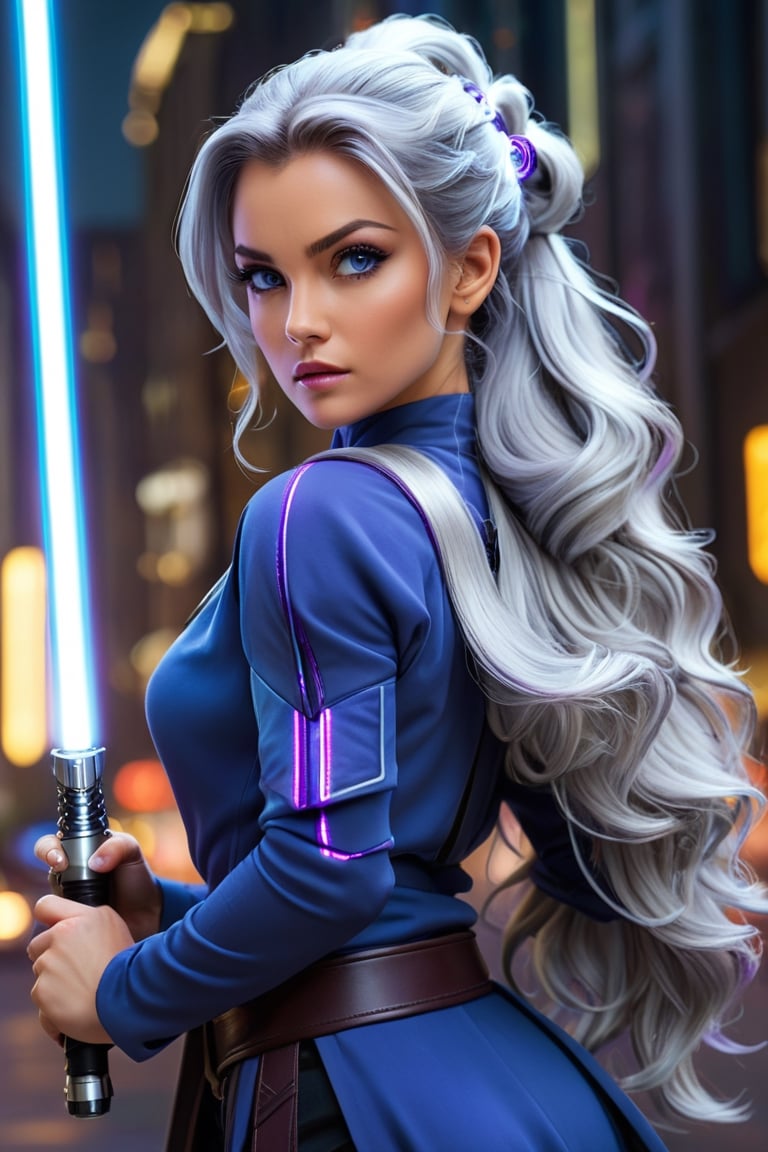 (((very high definition anime art))) In this stunning depiction, capturing the intensity of an (((magnificent 30yo european woman))) (((((long wavy ponytail silver hair with blue highlights)))))(((purple eyes))), (((wears a jedi master outfit))) in a pose where she holds her purple blade's lightsaber in both hands, facing her, ready to face her enemies ((behind her a Futuristic city)), she exudes a fierce and formidable presence. This high-quality image, rendered in 8K Ultra HD, immerses viewers in the intricate details of the scene. Whether it is a digitally enhanced photograph or an intricately painted masterpiece, this visually striking portrayal showcases jedi woman in all his powerful glory.  science fiction, star wars, purple blade's light saber, active posture