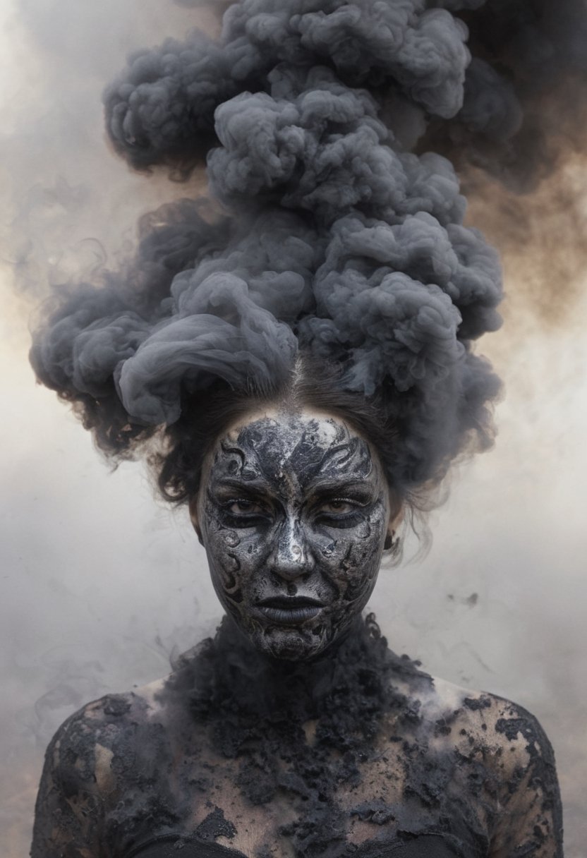 Double-masking photography, an angry goddess formed from the smoke of a 2005 dodge ram slt cummins pickup truck, goddess Earth crying, from the smoke exits a 2005 dodge ram slt cummins pickup truck , black smoke, fire, acid rain, by Dan Mountford, by Dan Hillier, negative space, intricate details, photo illustration, 100 mm lens, cinematic scenes, ink art, blink-and-you-miss-it detail