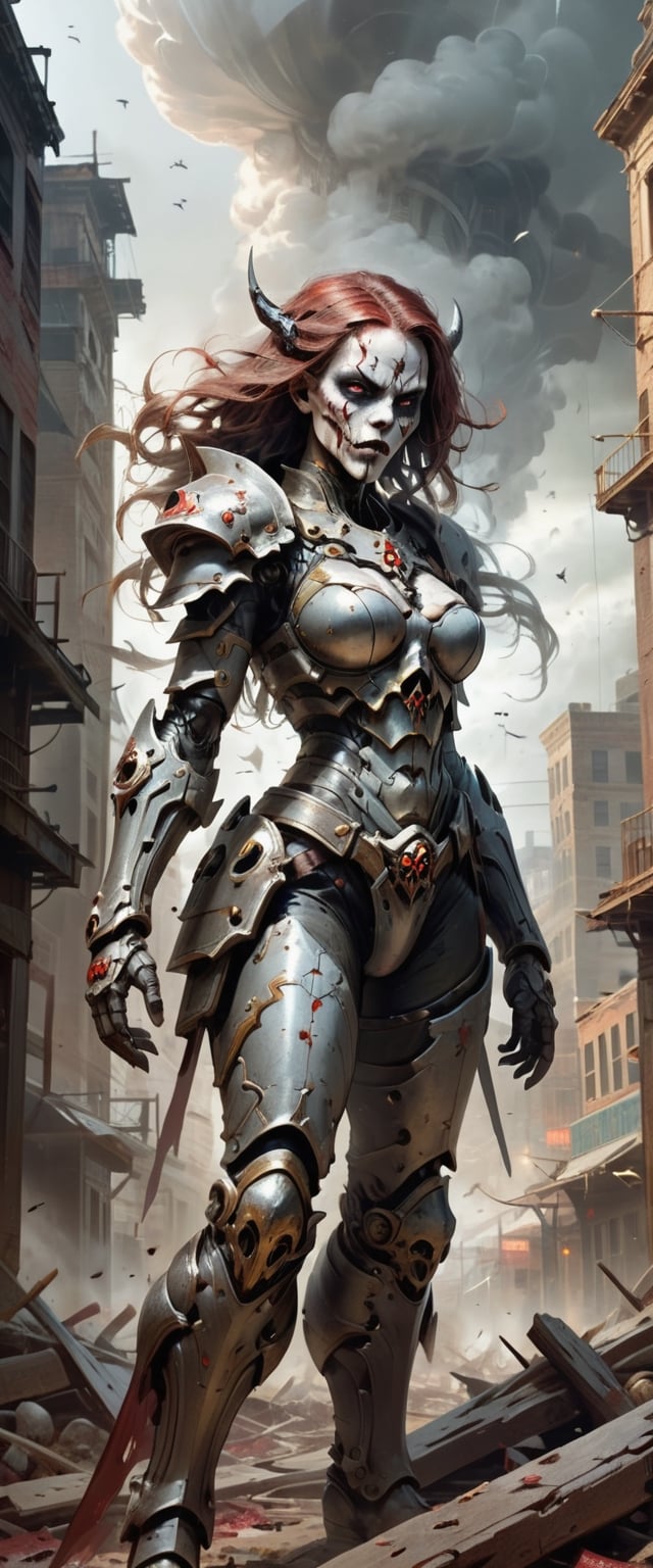 In this captivating artwork, close up shot of a Metal Maiden adorned in Chaos Warrior of Khorne armor dominates a ruined post-apocalyptic cityscape. The great sword in hand gleams with ultra-detailed intricacies, reflecting a twisted blend of sci-fi, fantasy, and horror elements. The ground is strewn with skulls and blood, emphasizing the grim aftermath. A tornado swirls ominously in the background, adding an apocalyptic touch, while ethereal and disturbing surrealism intensify the atmosphere. The deserted city is juxtaposed with empty chairs, tangled roots, and a mysterious key. Warped and mangled elements contribute to the surreal nature of the scene, with oil on canvas and dry brush techniques enhancing the overall texture. The play of isolation, glaze, reflected light, and glass elements elevates the visual impact, creating a haunting masterpiece that encapsulates a fusion of genres and emotions.
, 