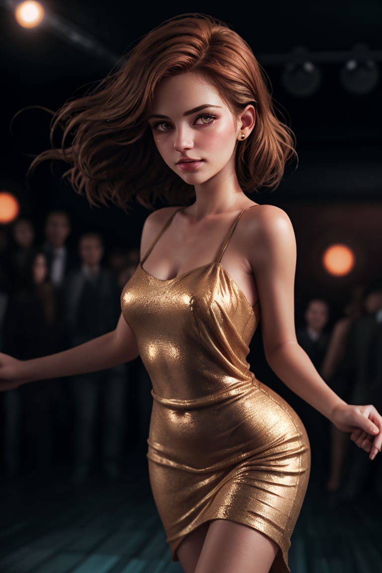 raw photo, rim lighting, perfecteyes, two tone light, professional photoportrait, close up of a beautiful 20 year old caucasian girl with medium length wind blown auburn hair, wearing a bronze shimmering tight low cut evening dress, nightclub backround, spectators dancing in background