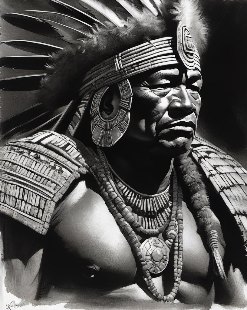 charcoal masterpiece, great aztec chief, perfect detail, detail as original, imitation of original artist, no color, black and white, play of shades and shadings, shading, pencil strokes, pen and ink, intricate line drawings, by craig mullins, ruan jia, adonna khare, greg rutkowski, loundraw greg rutkowski,