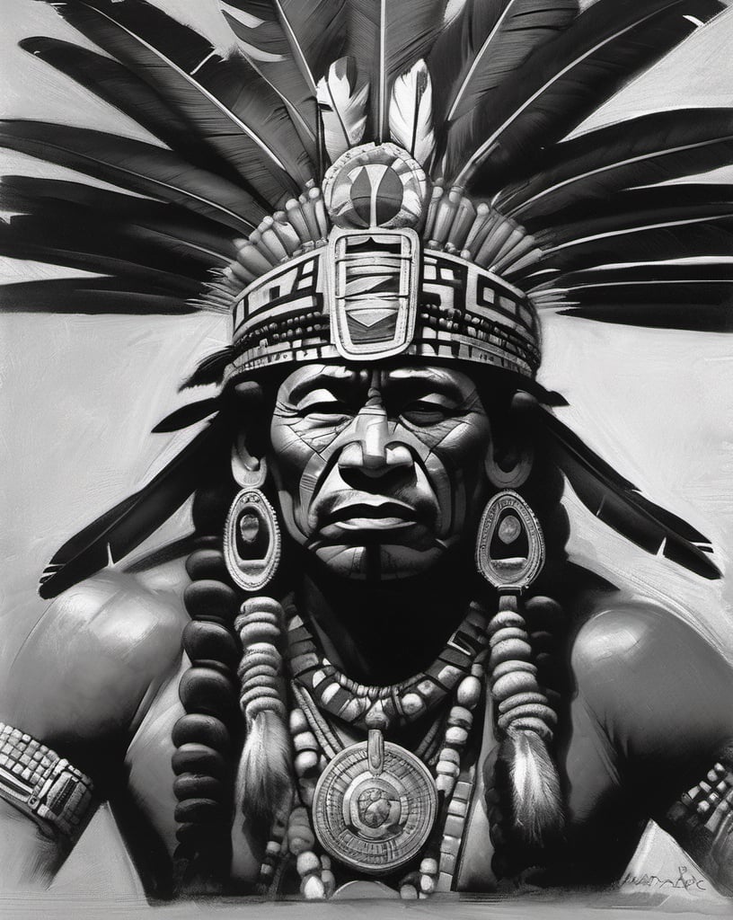 charcoal masterpiece, great aztec chief, perfect detail, detail as original, imitation of original artist, no color, black and white, play of shades and shadings, shading, pencil strokes, pen and ink, intricate line drawings, by craig mullins, ruan jia, adonna khare, greg rutkowski, loundraw greg rutkowski,