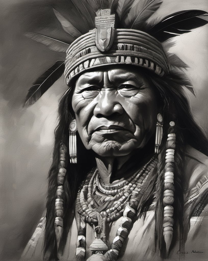 charcoal masterpiece, great inca chief, perfect detail, detail as original, imitation of original artist, no color, black and white, play of shades and shadings, shading, pencil strokes, pen and ink, intricate line drawings, by craig mullins, ruan jia, adonna khare, greg rutkowski, loundraw greg rutkowski,