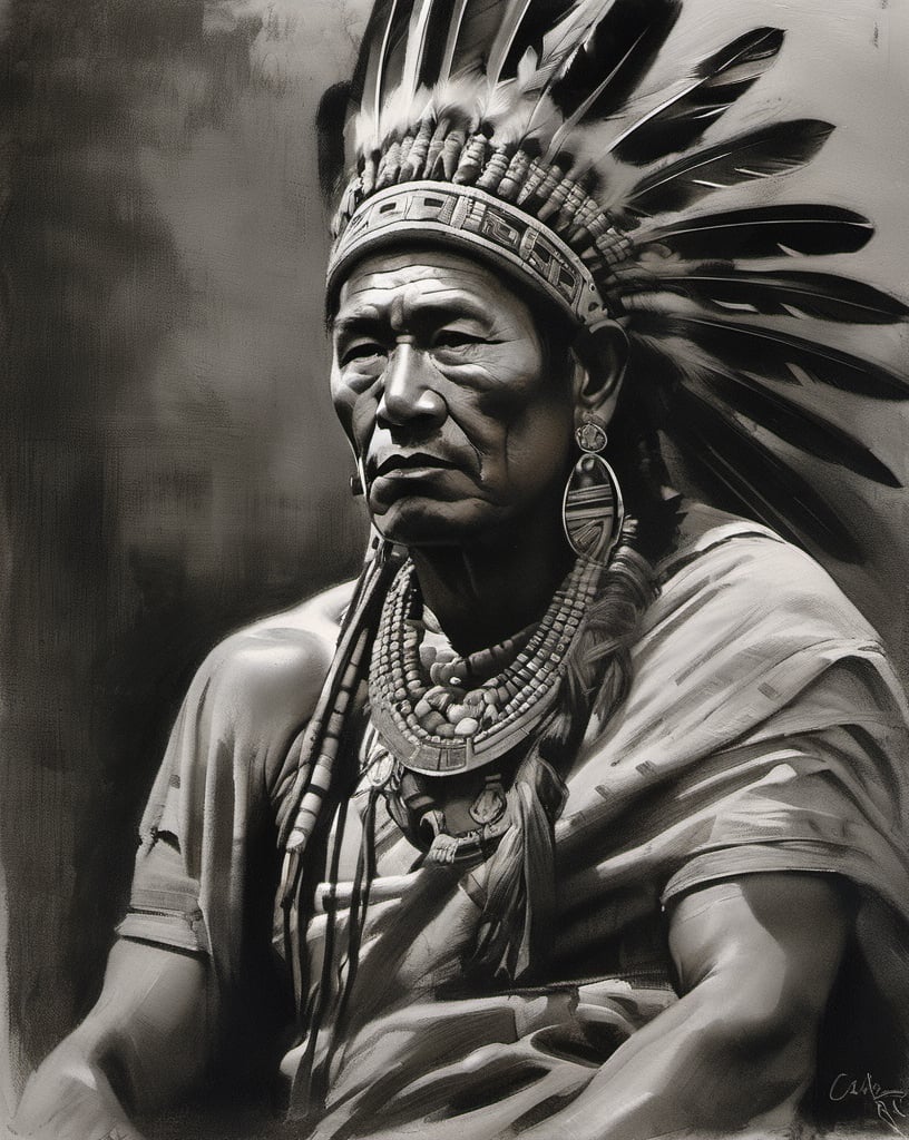 charcoal masterpiece, great aztec chief, perfect detail, detail as original, imitation of original artist, no color, black and white, play of shades and shadings, shading, pencil strokes, pen and ink, intricate line drawings, by craig mullins, ruan jia, adonna khare, greg rutkowski, loundraw greg rutkowski,