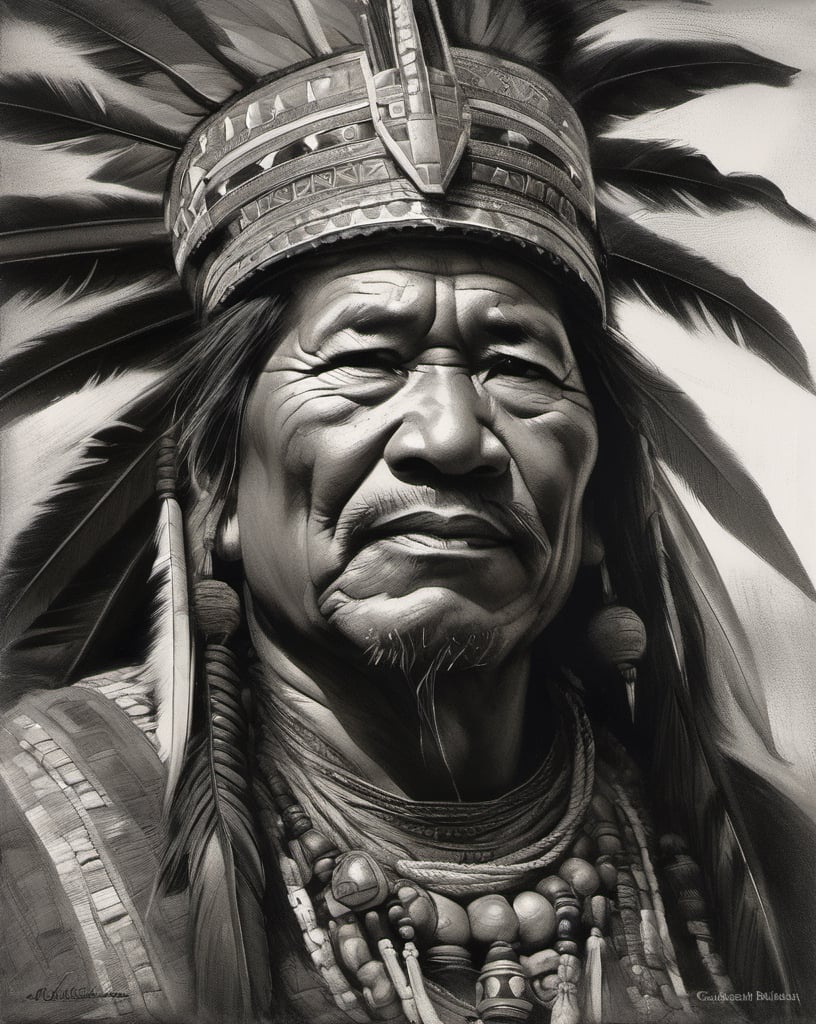 charcoal masterpiece, great inca chief, perfect detail, detail as original, imitation of original artist, no color, black and white, play of shades and shadings, shading, pencil strokes, pen and ink, intricate line drawings, by craig mullins, ruan jia, adonna khare, greg rutkowski, loundraw greg rutkowski,