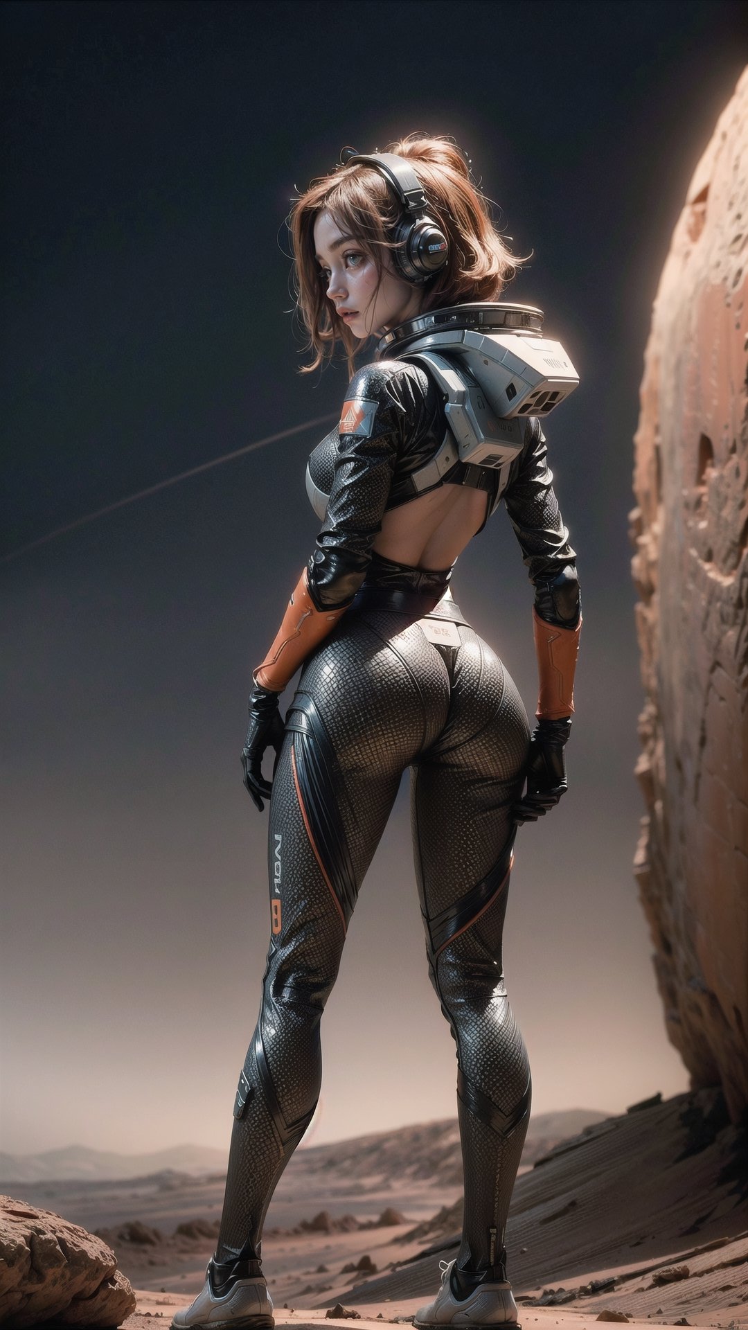 A futuristic rear angle (sci-fi) photo of a (fit woman futuristic astronaut standing on rock overlooking Martian valley on Mars), back towards viewer, not looking at viewer, (wearing skintight white and red sci-fi spacesuit, full body), fit body, (big ass), [wide hips], rusty red Martian terrain, mars dust scattered floating in air, (mountain:0.8), (lens flare:0.7), (cross-processing), (highly detailed), (cinematic lighting:1.1), sharp shadows, intricately detailed, photographed on a Hasselblad 500, 80mm F2.8 lens, with Cinestill 800T film, cinematic contrast, outdoors, ((on Mars)), space exploration, journey, nasa-punk, from behind, sfw epicphoto,SAM YANG