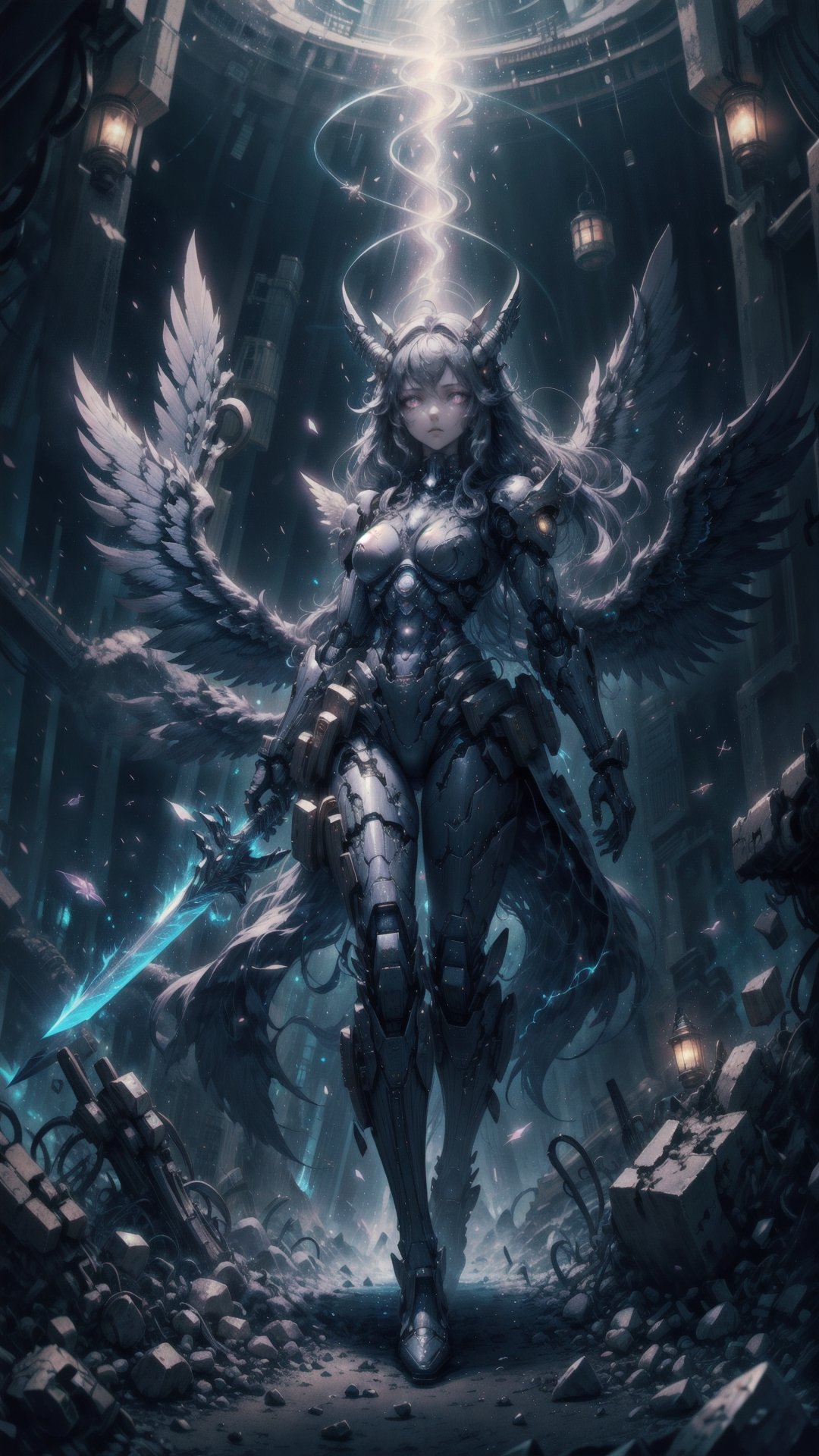 , wrenchsmechs, 1girl, glowing, black mecha, wings, halo, long hair, mechanical wings, , wrenchsfantasy, fantasy, glowing, glowing eyes, holding sword, sword,
