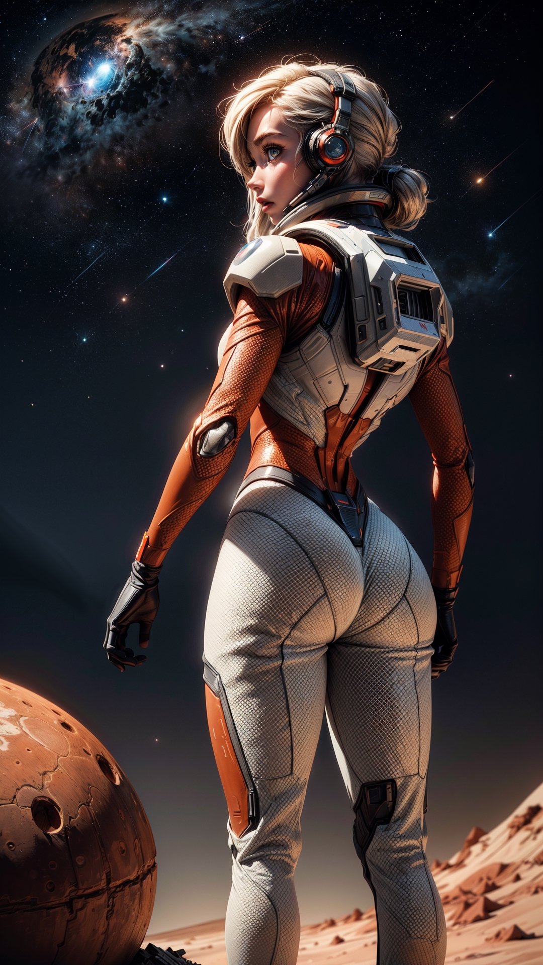 A futuristic rear angle (sci-fi) photo of a (fit woman futuristic astronaut standing on rock overlooking Martian valley on Mars), back towards viewer, not looking at viewer, (wearing skintight white and red sci-fi spacesuit, full body), fit body, (big ass), [wide hips], rusty red Martian terrain, mars dust scattered floating in air, (mountain:0.8), (lens flare:0.7), (cross-processing), (highly detailed), (cinematic lighting:1.1), sharp shadows, intricately detailed, photographed on a Hasselblad 500, 80mm F2.8 lens, with Cinestill 800T film, cinematic contrast, outdoors, ((on Mars)), space exploration, journey, nasa-punk, from behind, sfw epicphoto,SAM YANG