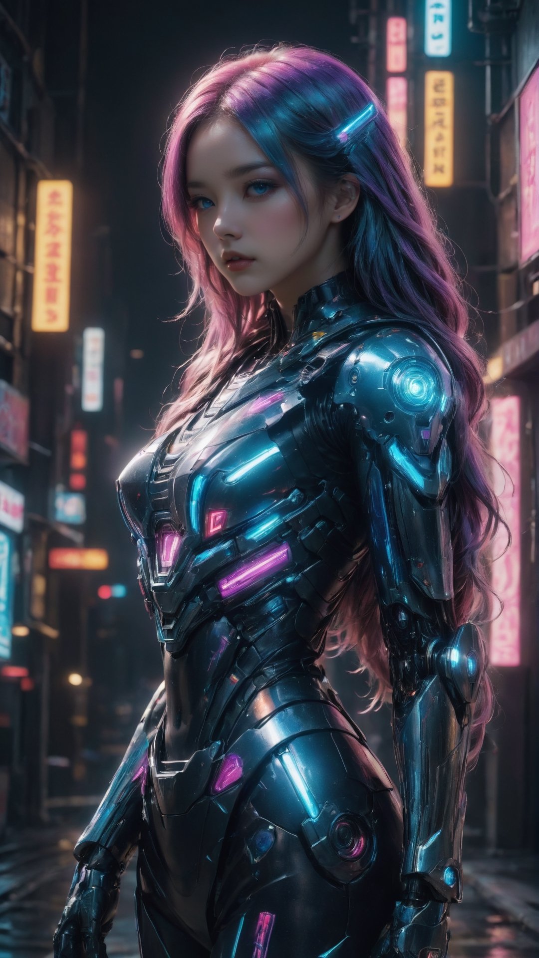 high quality, 8K Ultra HD, full body shot, have a cyber saber, a mesmerizing 20-year-old woman with an amazing beauty that seems to transcend time and space, intricately woven into her very being, beautiful face, big blue eyes, perfect skin, encased in the cybernetic suit, move with fluidity and precision, Her flowing hair resembles streams of neon lights, casting a vibrant glow that adds a touch of cyberpunk brilliance to her appearance, Each strand of hair is meticulously crafted with holographic patterns that shimmer and shift, creating an ever-changing display of colors, by yukisakura, highly detailed, ,photo r3al,FilmGirl