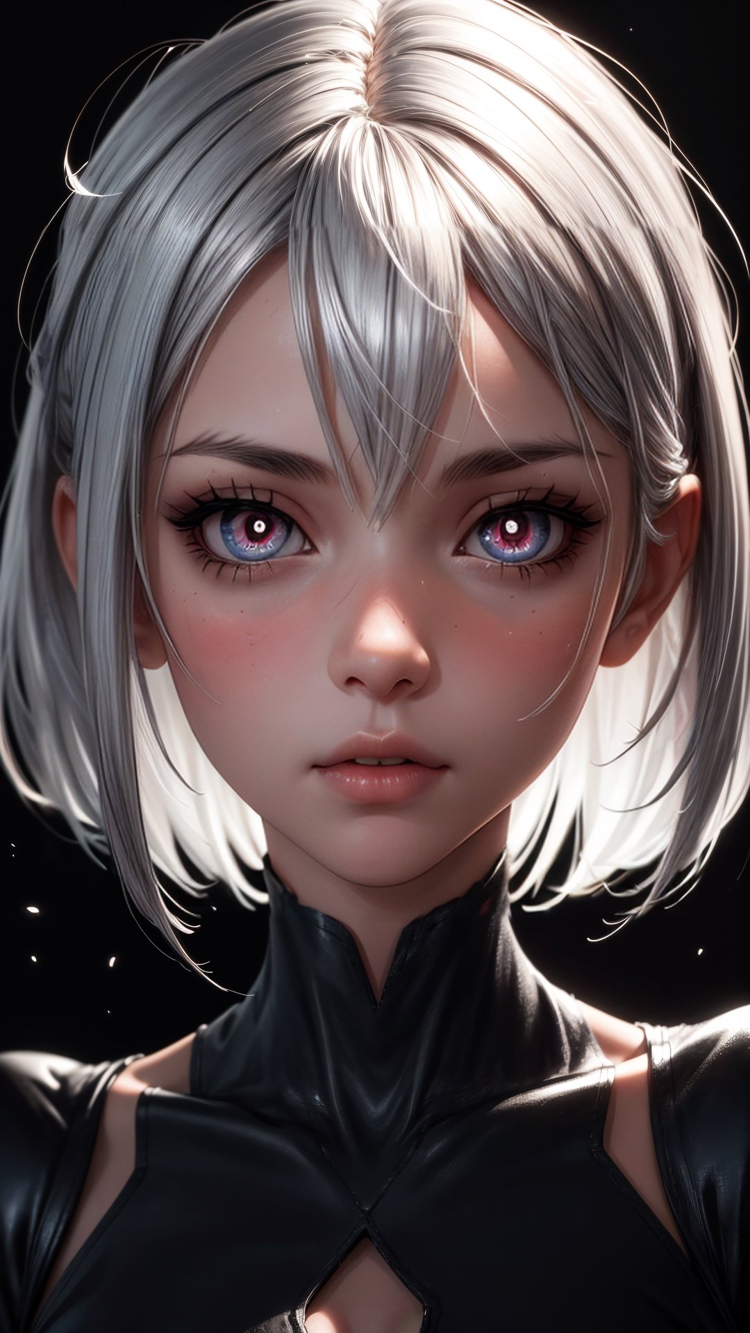 1girl, dark background, (((dim lighting))), silver hair,  slit pupils,
